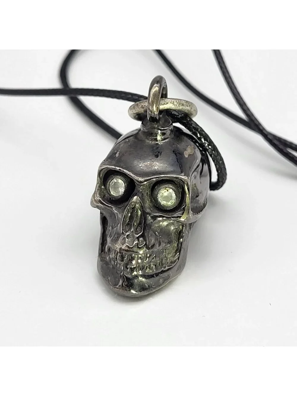 Gunmetal Gray Skull Crystal eyes Bell Pendant Biker Goth Halloween USA Made